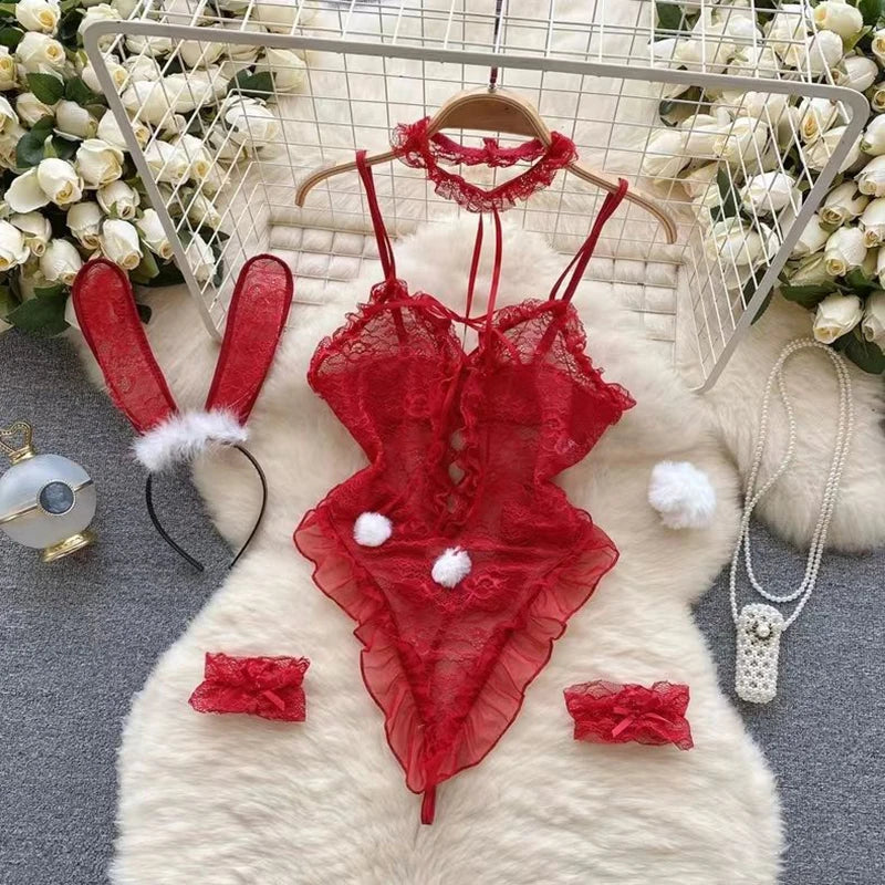 0023 Women's Secret Clothes Erotic Lingerie Sexy V-Neck Lace Up Sleeveless Playsuit Red Patchwork Santa Claus Roleplay