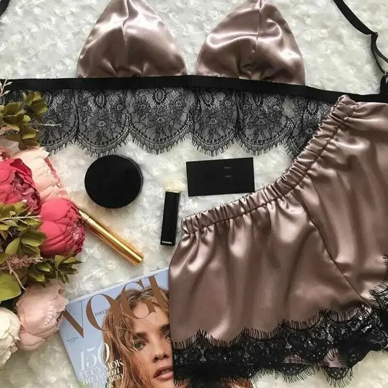 012 New Women Pajama Sets Sexy Lingerie Underwear Silk Satin Pajamas Crop Tops Bra+Shorts Sets Sexy V-Neck Sleeveless Nightwear