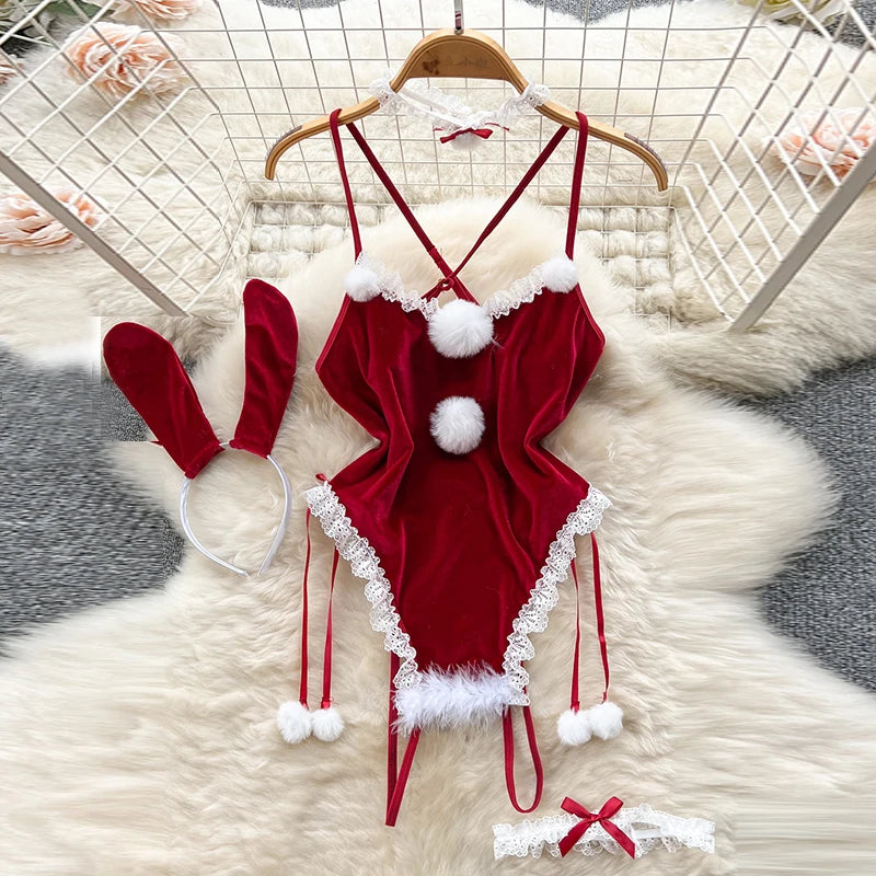 0023 Women's Secret Clothes Erotic Lingerie Sexy V-Neck Lace Up Sleeveless Playsuit Red Patchwork Santa Claus Roleplay