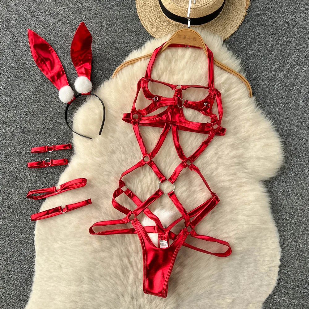 Sexy Lingerie Cosplay Rabbit girl Jumpsuit Belt Women New In Clothies Backless Hollow Out Lace-up Bodysuit Sweet