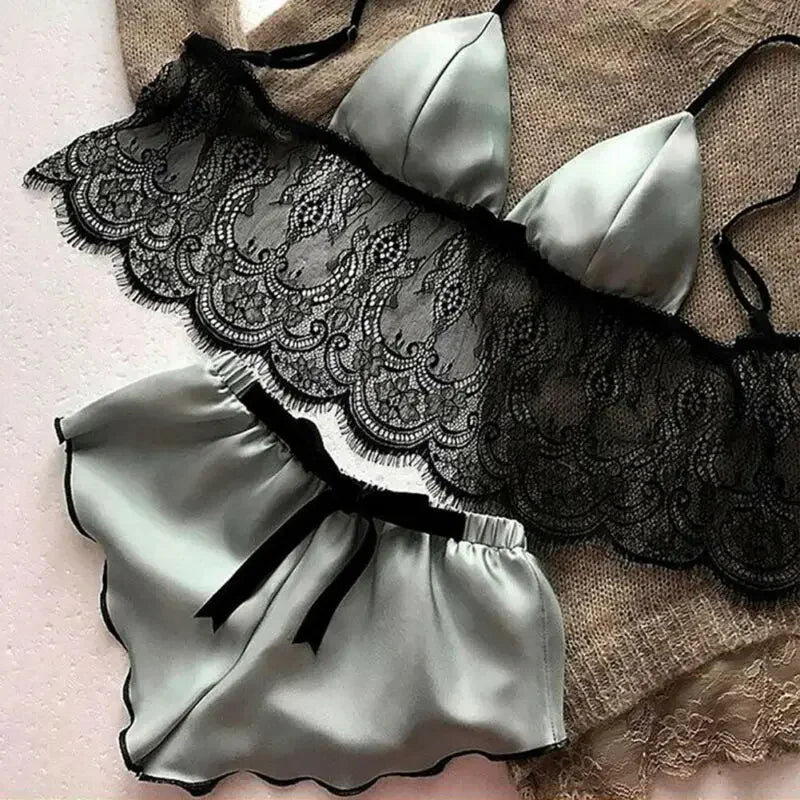 012 New Women Pajama Sets Sexy Lingerie Underwear Silk Satin Pajamas Crop Tops Bra+Shorts Sets Sexy V-Neck Sleeveless Nightwear