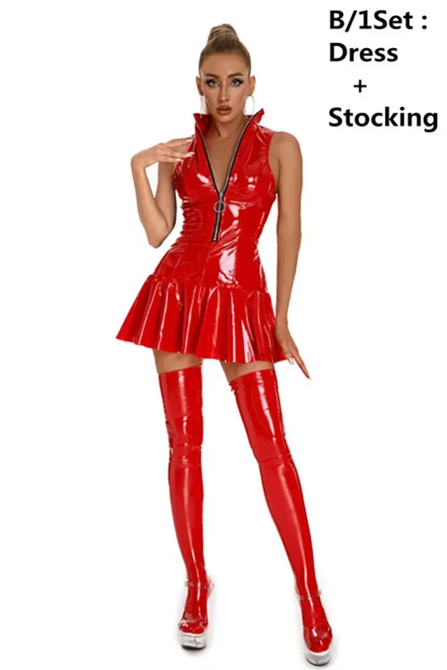0025 Women's Leather Dress Plus Size Women Sexy Shiny PVC Latex Mini Skirt With Gloves And Stocking Pole Dance Pleated Latex Dress