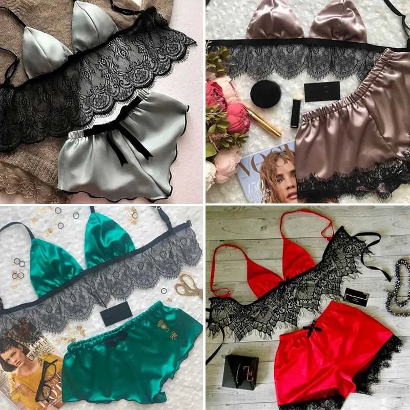 012 New Women Pajama Sets Sexy Lingerie Underwear Silk Satin Pajamas Crop Tops Bra+Shorts Sets Sexy V-Neck Sleeveless Nightwear
