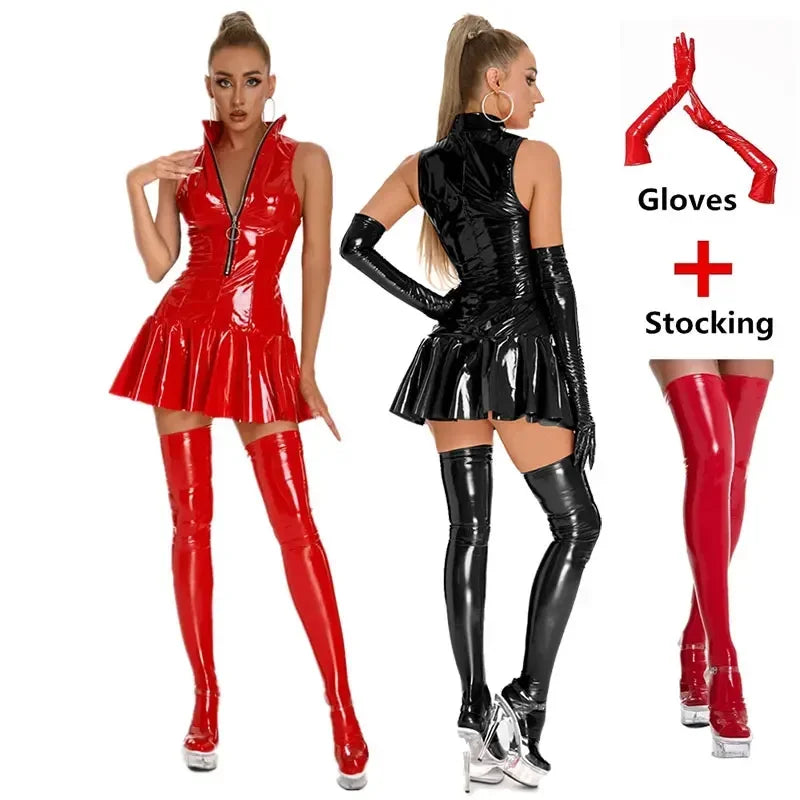 0025 Women's Leather Dress Plus Size Women Sexy Shiny PVC Latex Mini Skirt With Gloves And Stocking Pole Dance Pleated Latex Dress