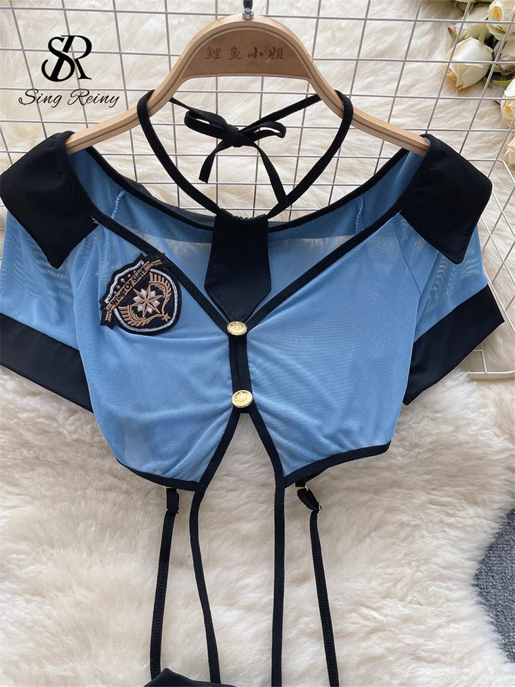 0025 SINGREINY Women Preppy Style Sexy Uniform Sets 2023 V Neck Sheer Top+Lace Up Mini Skirt+Thongs Hollow Out Cosplay Porn Suits