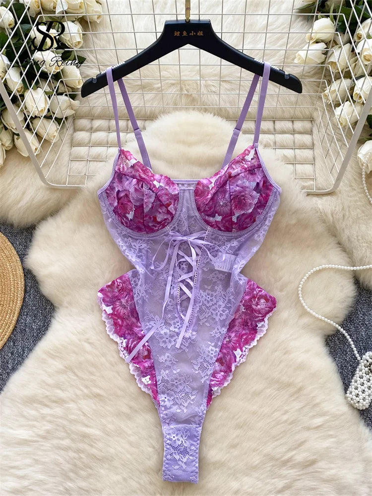 0025 SINGREINY 2024 Fashion Spliced Erotic Sheer Rompers Ladies Lace Up Skinny Bodysuits Women Open crotch Lingerie Sexy Playsuits