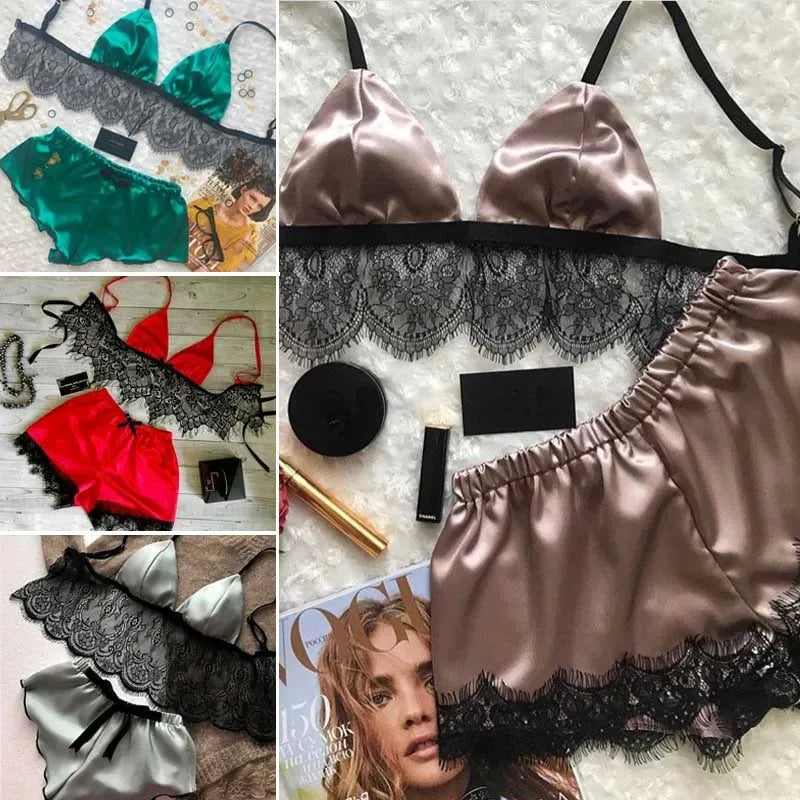 012 New Women Pajama Sets Sexy Lingerie Underwear Silk Satin Pajamas Crop Tops Bra+Shorts Sets Sexy V-Neck Sleeveless Nightwear