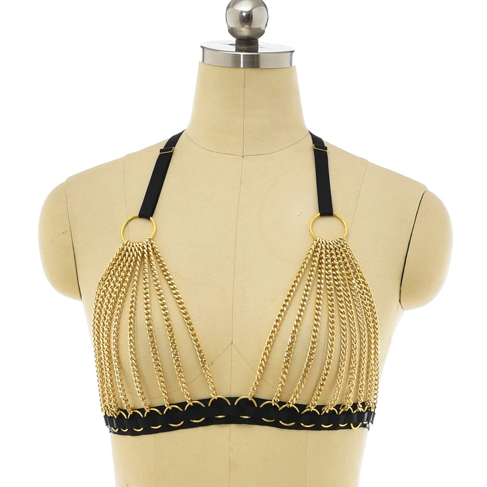 Black Gold Color Accessories Body Harness Lingerie Set Sexy Adjustable G-String Briefs Bondage Crop Top Body Chain Harness Cage