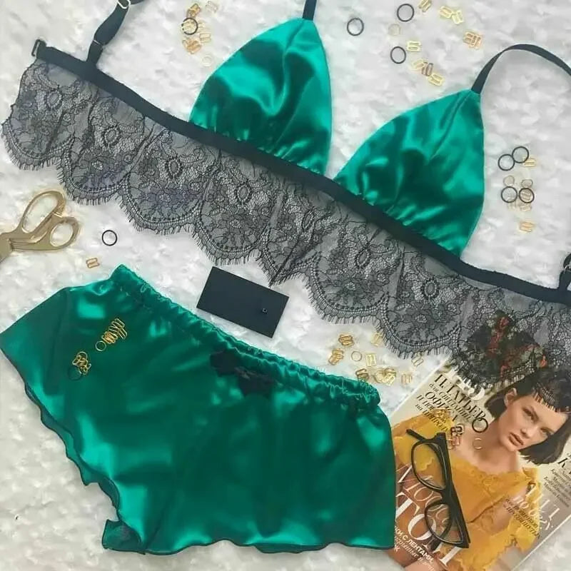 012 New Women Pajama Sets Sexy Lingerie Underwear Silk Satin Pajamas Crop Tops Bra+Shorts Sets Sexy V-Neck Sleeveless Nightwear