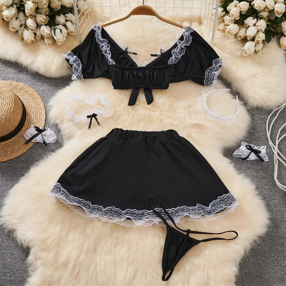 0025 Sexy Hotsweet Women's Secret Clothes Maid Cosplay Uniform Sexy Lingerie V-Neck Crop Top Elastic Waist A-Line Short Skirt Set