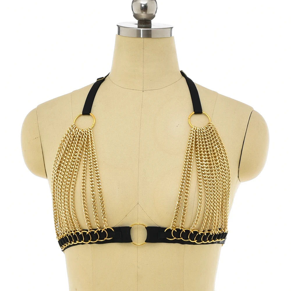 Black Gold Color Accessories Body Harness Lingerie Set Sexy Adjustable G-String Briefs Bondage Crop Top Body Chain Harness Cage