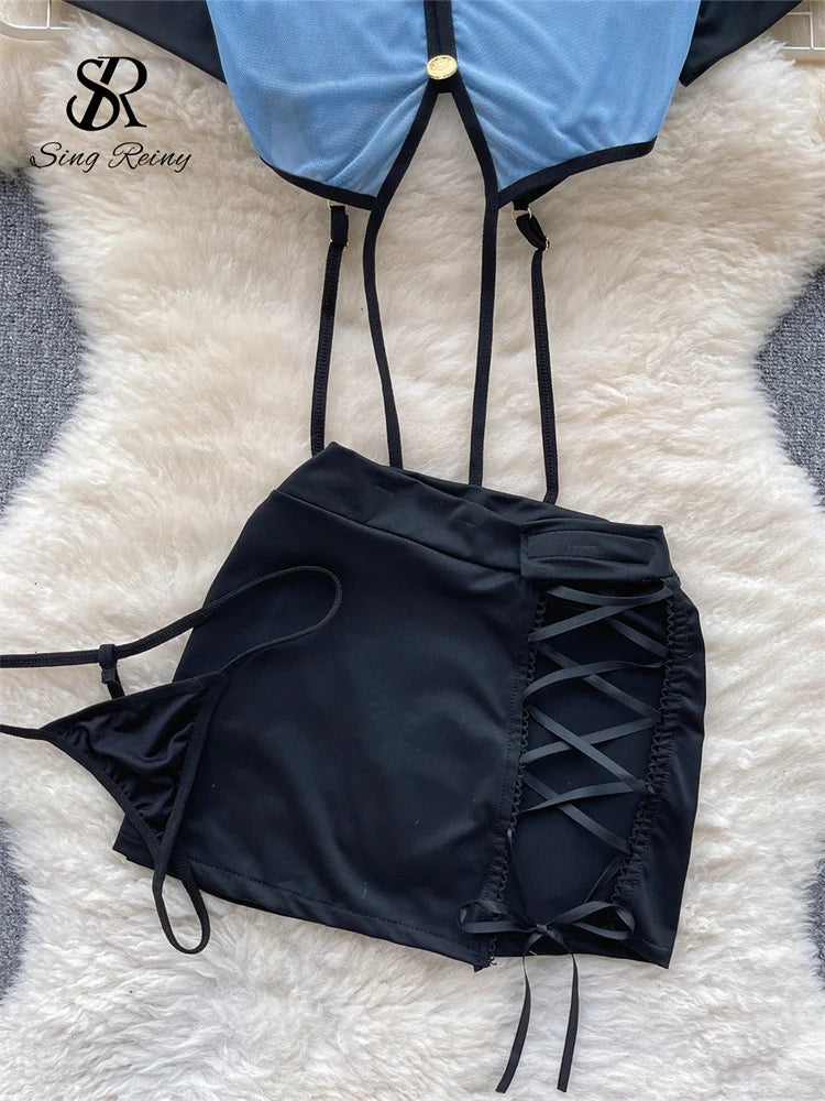 0025 SINGREINY Women Preppy Style Sexy Uniform Sets 2023 V Neck Sheer Top+Lace Up Mini Skirt+Thongs Hollow Out Cosplay Porn Suits