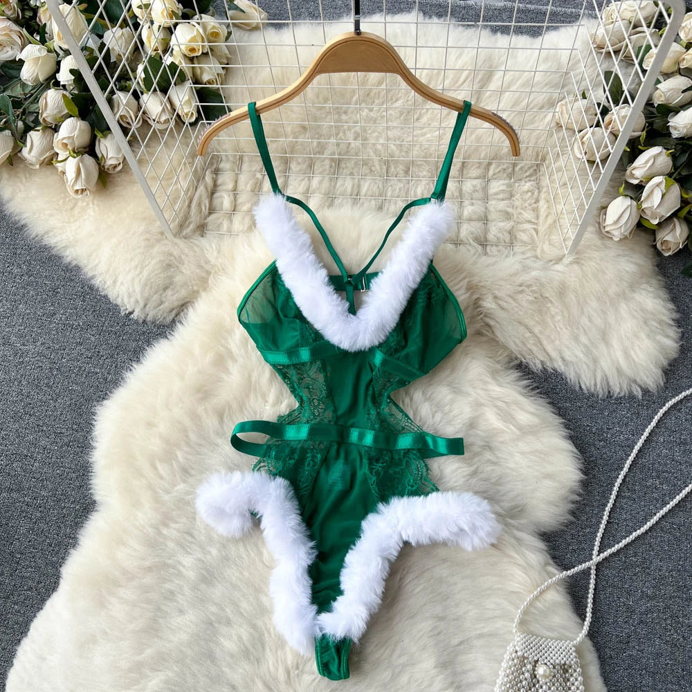 0023 Women's Secret Clothes Erotic Lingerie Sexy V-Neck Lace Up Sleeveless Playsuit Red Patchwork Santa Claus Roleplay