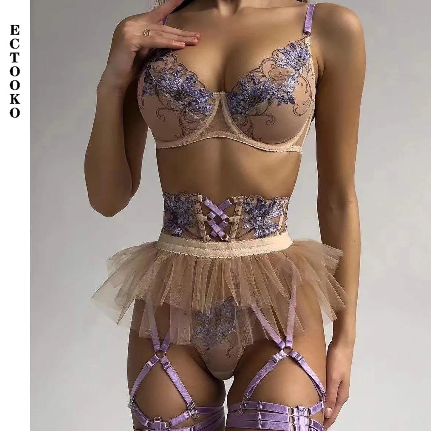 ECTOOKO Hot Sexy Lace Transparent Embroidery Push Up Bras Floral Erotic Lingerie Fantasy Underwear Sets