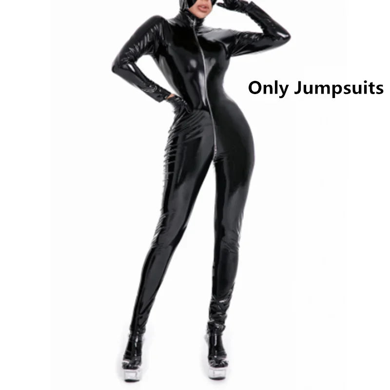 0015 2024 New Women Sexy Wetlook Latex Catsuit with Mask PVC Faux Leather Jumpsuit Lady Erotic Costume PU Lingerie Bodysuit Clubwear