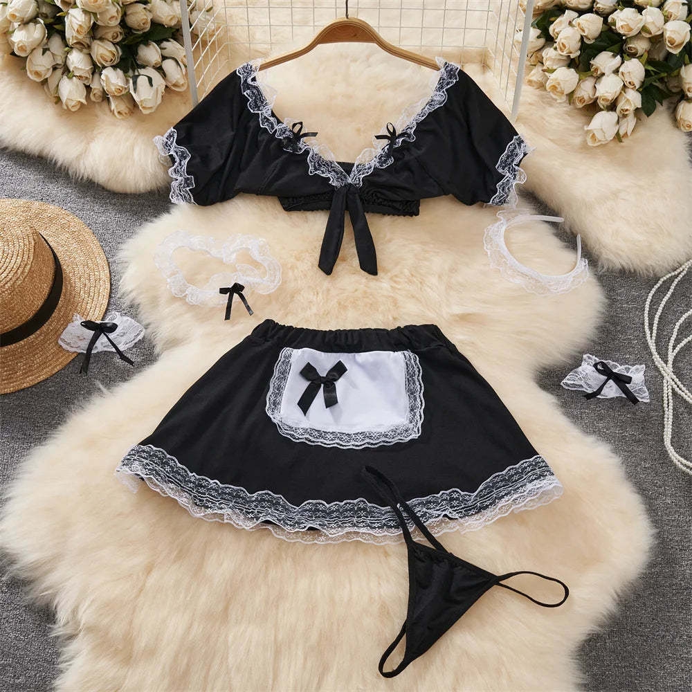 0025 Sexy Hotsweet Women's Secret Clothes Maid Cosplay Uniform Sexy Lingerie V-Neck Crop Top Elastic Waist A-Line Short Skirt Set