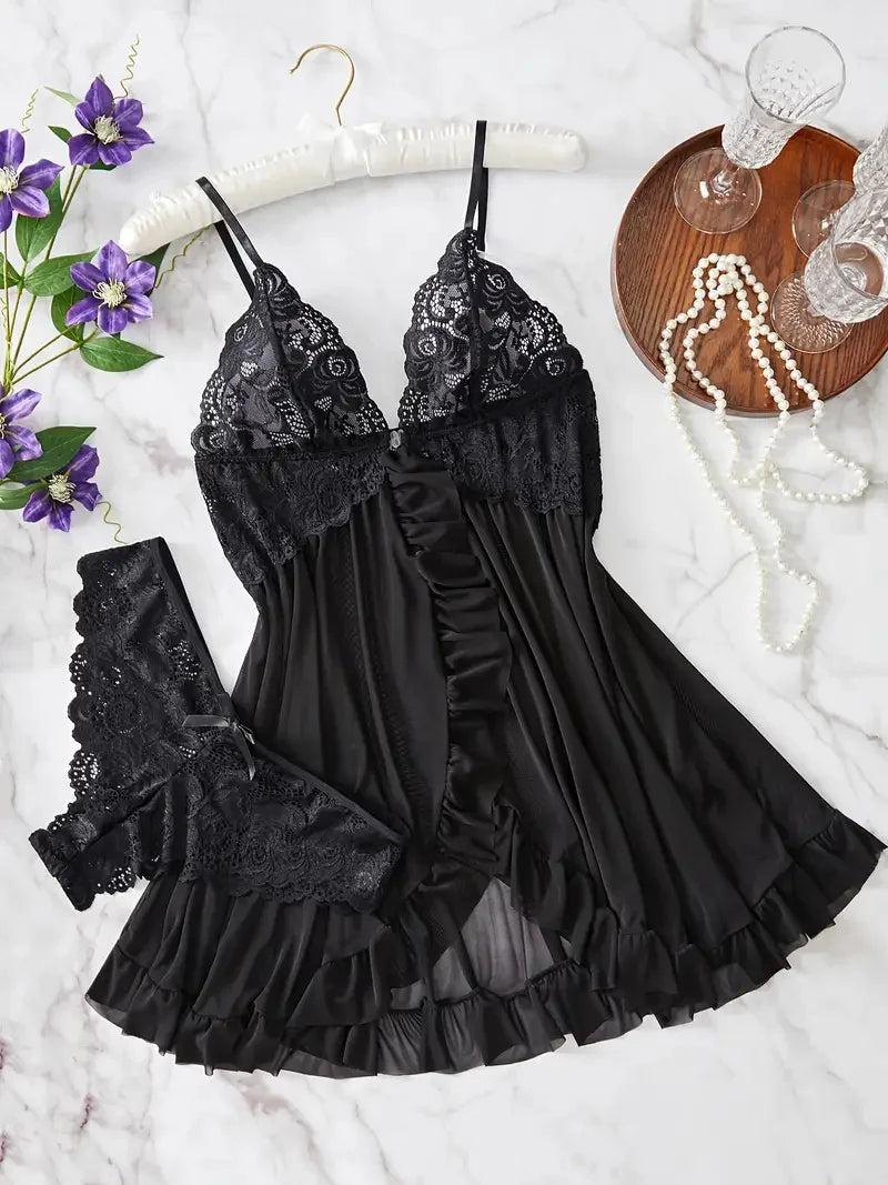 0021 Contrast Lace Ruffle Trim Lingerie Set, Deep V Slip Dress & Thong, Women's Sexy Lingerie & Underwear