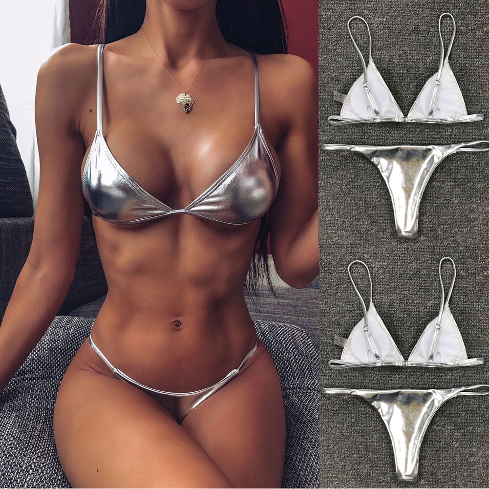 0025 Summer Push Up Padded Bra Bathing Suit Beach Wear Women Sexy Thong Bikini Set Silver Gold Sequinis Biquini Swimwear
