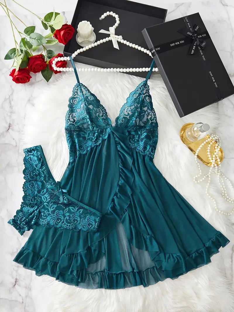0021 Contrast Lace Ruffle Trim Lingerie Set, Deep V Slip Dress & Thong, Women's Sexy Lingerie & Underwear