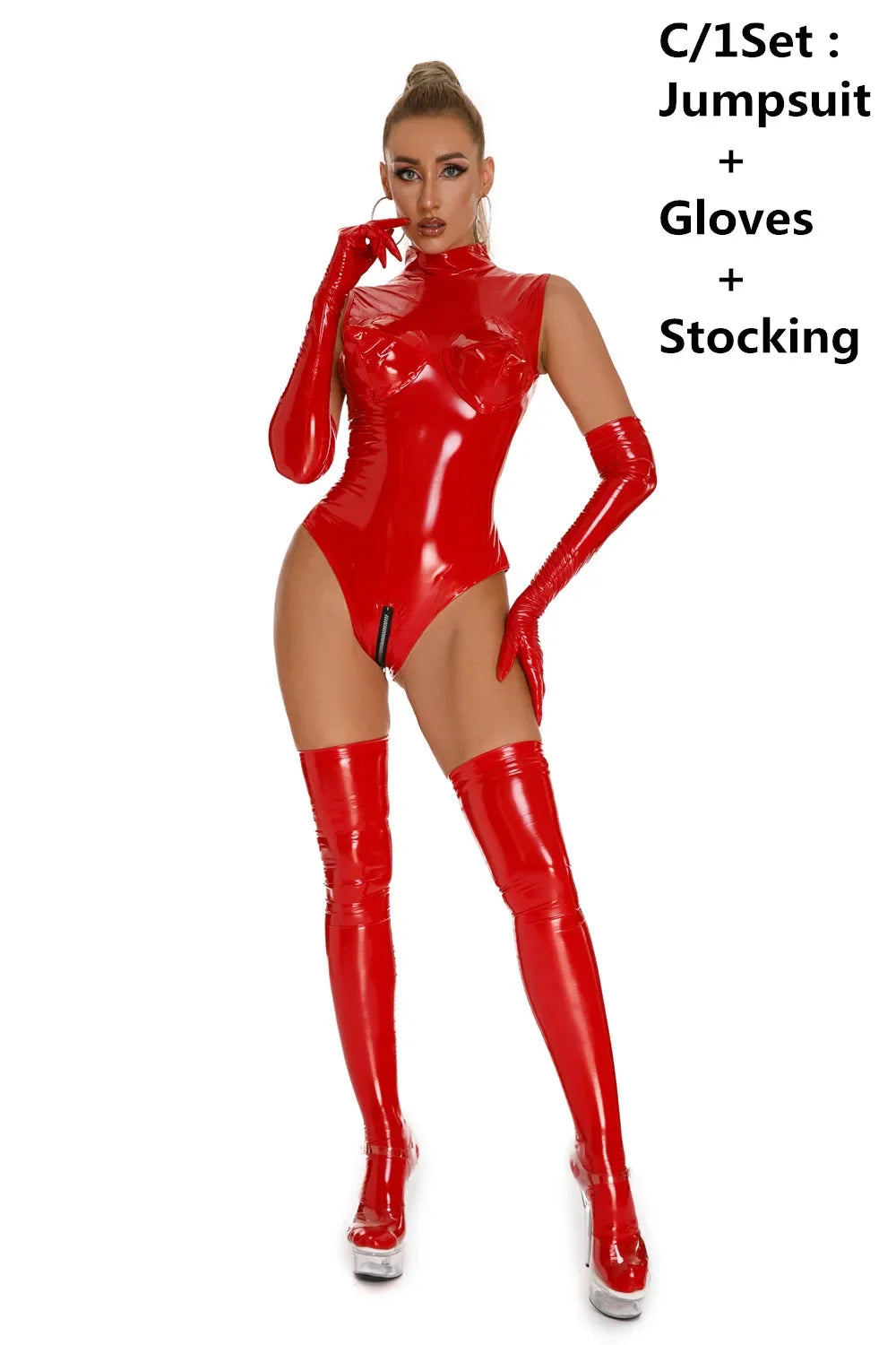 0005 Sexy Wetlook Faux Leather Catsuit PVC Latex Bodysuit Zipper Open Crotch Clubwear Fetish Hot Erotic Pole Dance Lingerie Set
