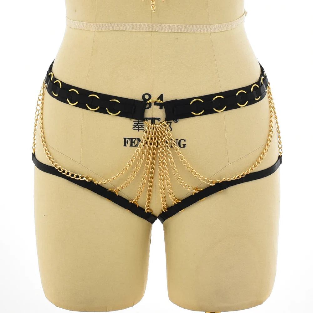Black Gold Color Accessories Body Harness Lingerie Set Sexy Adjustable G-String Briefs Bondage Crop Top Body Chain Harness Cage