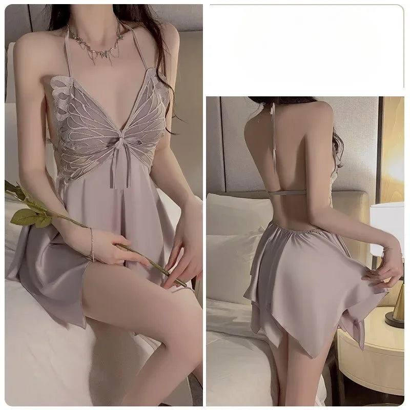 0025 New Women Bow Lace Nighty Robe Sexy Lingerie Thin Silk Satin Nightgowns Pajama Dress Female Backless Sexy Sleepwear