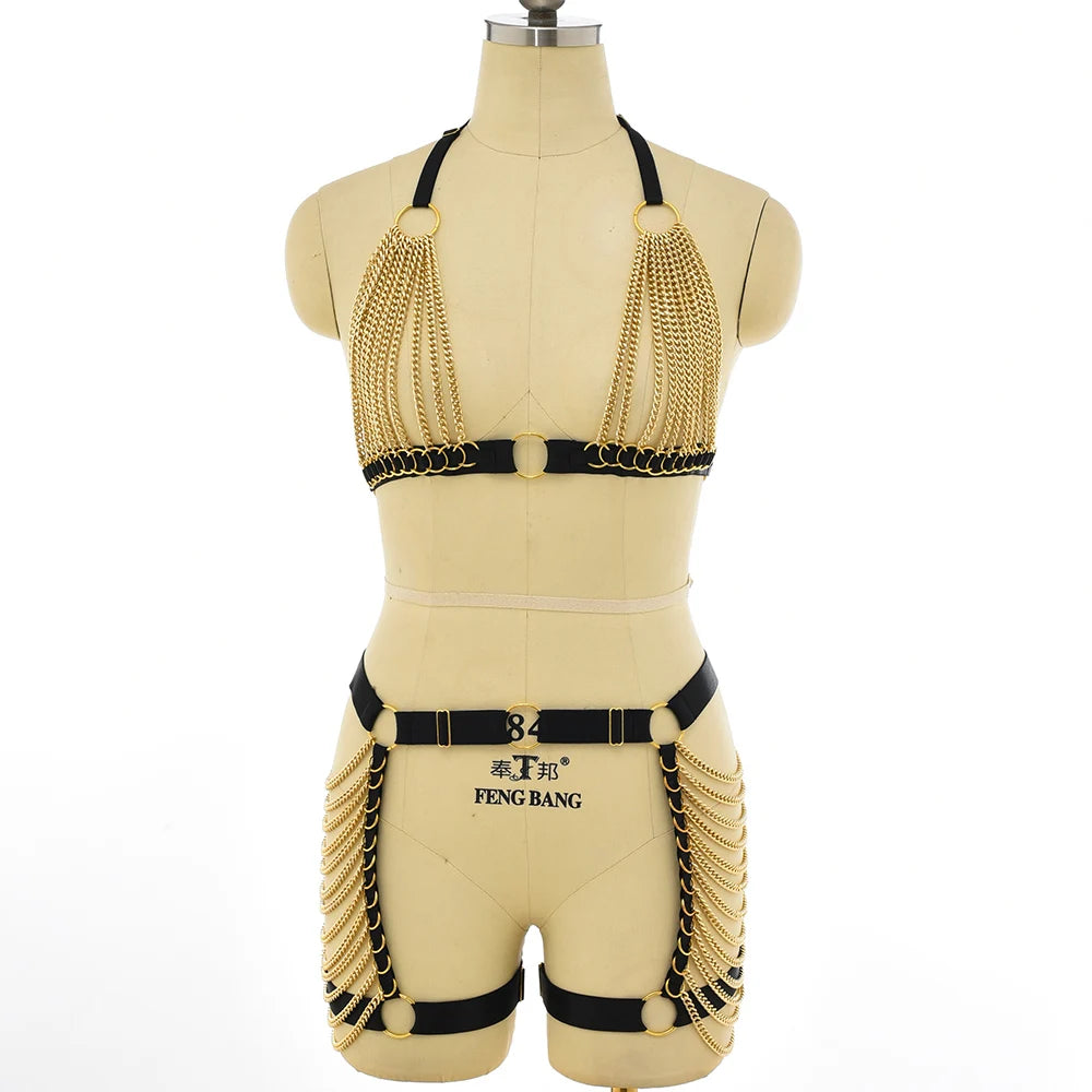 Black Gold Color Accessories Body Harness Lingerie Set Sexy Adjustable G-String Briefs Bondage Crop Top Body Chain Harness Cage