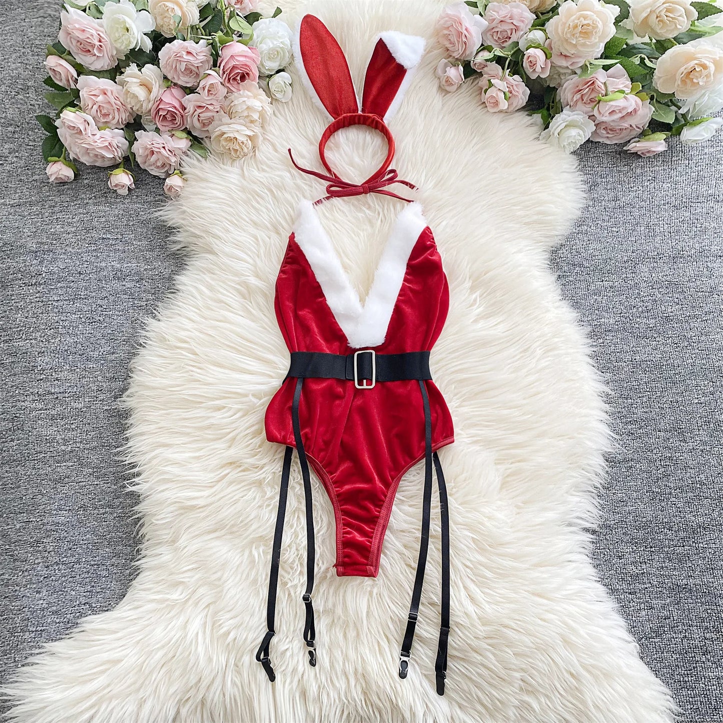 Sexy Lingerie Cosplay Rabbit girl Jumpsuit Belt Women New In Clothies Backless Hollow Out Lace-up Bodysuit Sweet