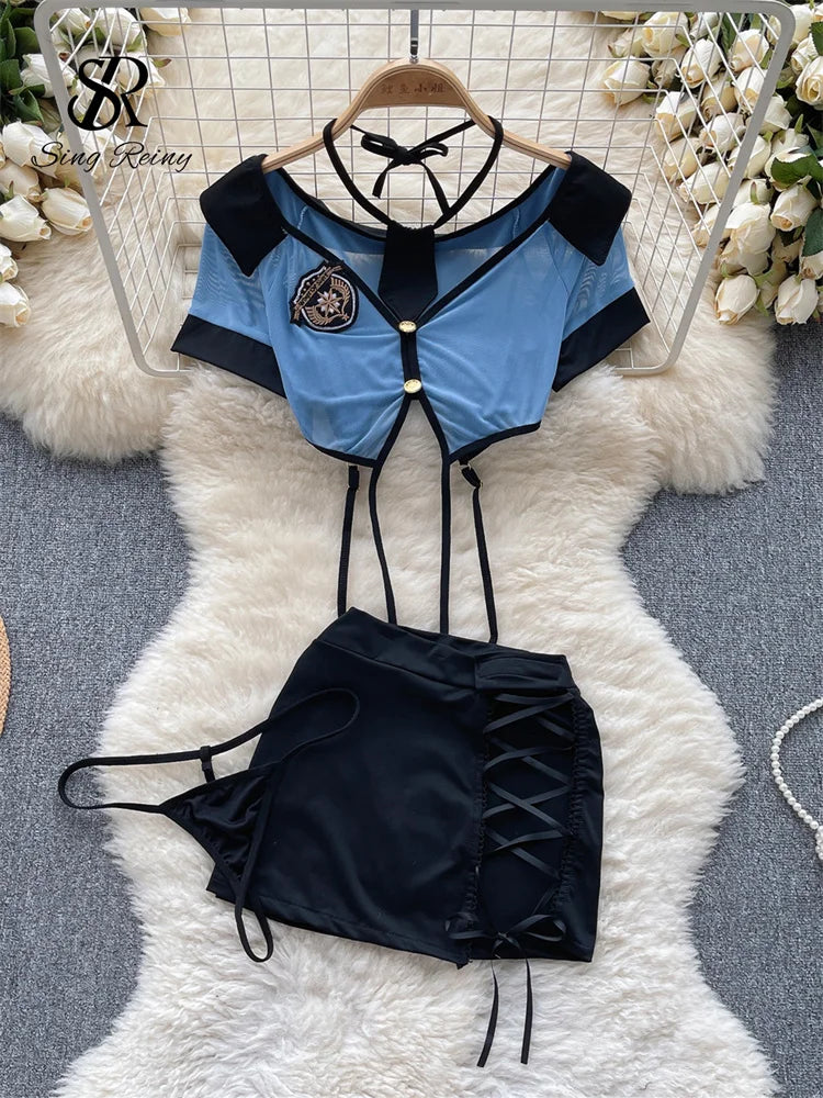 0025 SINGREINY Women Preppy Style Sexy Uniform Sets 2023 V Neck Sheer Top+Lace Up Mini Skirt+Thongs Hollow Out Cosplay Porn Suits