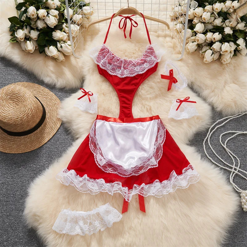 0023 Women's Secret Clothes Erotic Lingerie Sexy V-Neck Lace Up Sleeveless Playsuit Red Patchwork Santa Claus Roleplay