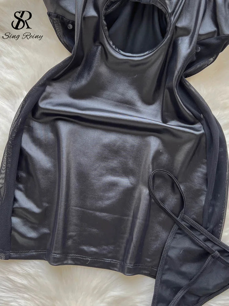 0025 SINGREINY Party Camis Women Sexy Pajamas Dress Hollow Out Backless Bodycon Night Dress Streetwear Club Leather Erotic Nightwear