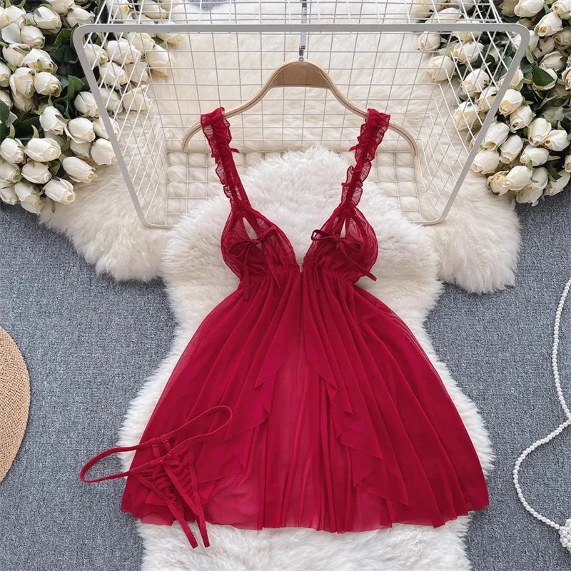 0023 Women's Secret Clothes Erotic Lingerie Sexy V-Neck Lace Up Sleeveless Playsuit Red Patchwork Santa Claus Roleplay