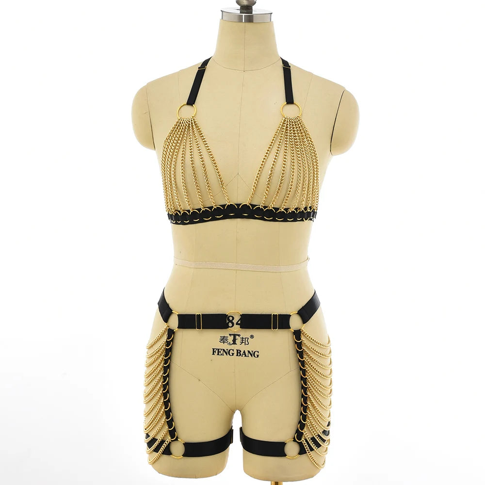 Black Gold Color Accessories Body Harness Lingerie Set Sexy Adjustable G-String Briefs Bondage Crop Top Body Chain Harness Cage