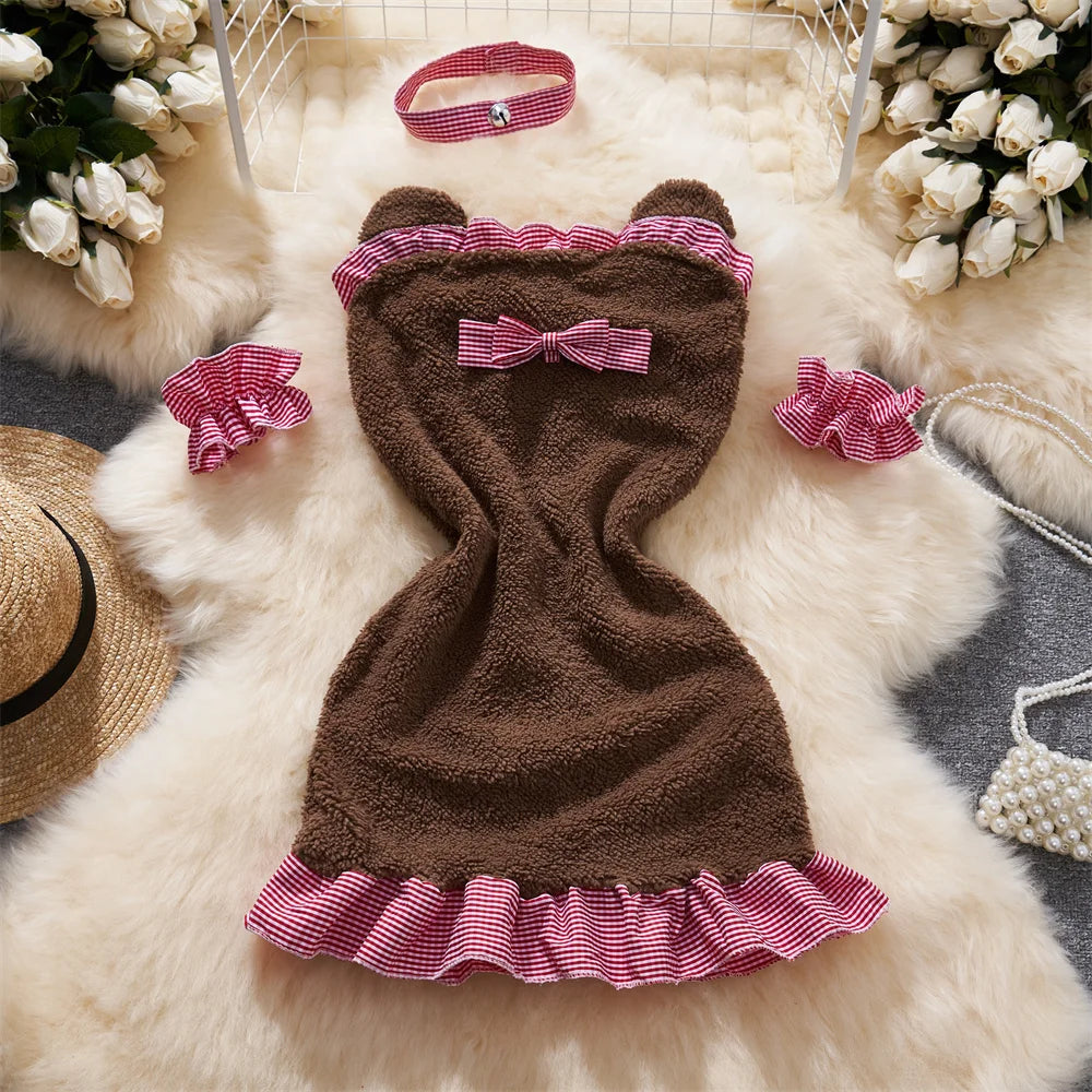 0023 Women's Secret Clothes Erotic Lingerie Sexy V-Neck Lace Up Sleeveless Playsuit Red Patchwork Santa Claus Roleplay