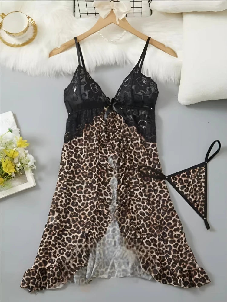 0021 Contrast Lace Ruffle Trim Lingerie Set, Deep V Slip Dress & Thong, Women's Sexy Lingerie & Underwear