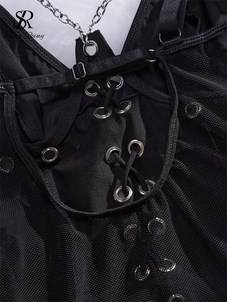 0025 SINGREINY Porno Underwear Camis Leather Bodysuits Chain Spliced Bandage Sheath Rompers Fashion PU Backless Erotic Sexy Playsuits