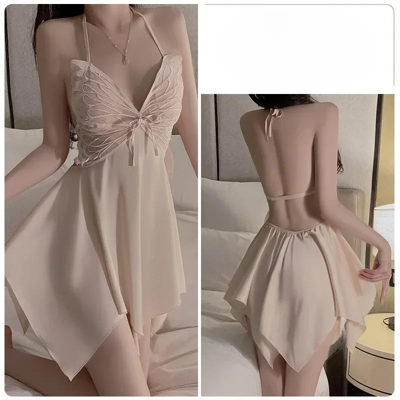 0025 New Women Bow Lace Nighty Robe Sexy Lingerie Thin Silk Satin Nightgowns Pajama Dress Female Backless Sexy Sleepwear