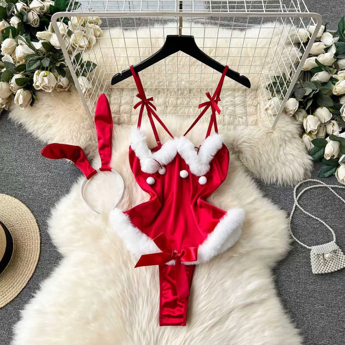 Sexy Lingerie Cosplay Rabbit girl Jumpsuit Belt Women New In Clothies Backless Hollow Out Lace-up Bodysuit Sweet
