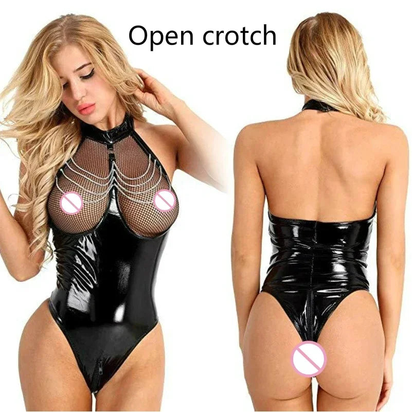 0012 Erotic Sexy Crotchless Latex Catsuit Fishnet Clothing Open Crotch Jumpsuit Patent Leather Breast Exposing Bodysuit Lingerie