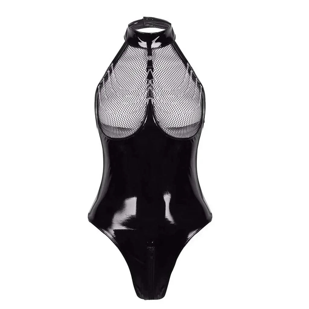 0012 Erotic Sexy Crotchless Latex Catsuit Fishnet Clothing Open Crotch Jumpsuit Patent Leather Breast Exposing Bodysuit Lingerie