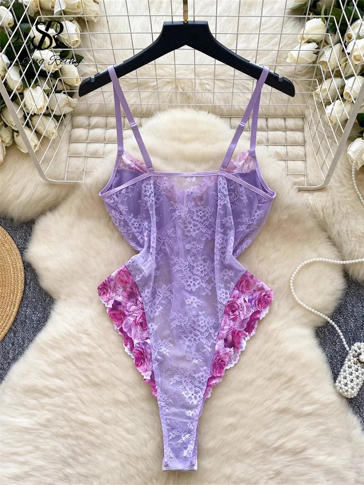 0025 SINGREINY 2024 Fashion Spliced Erotic Sheer Rompers Ladies Lace Up Skinny Bodysuits Women Open crotch Lingerie Sexy Playsuits