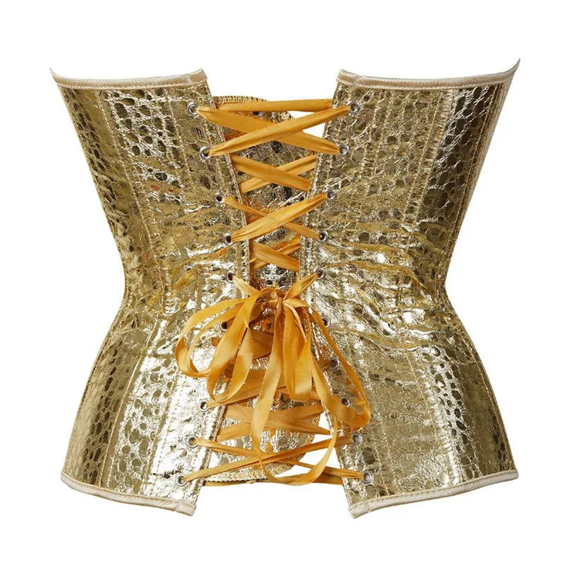 0025 sexy faux leather corset lingerie bustiers top Steampunk gothic punk corset burlesque plus size nightclub costume gold sliver