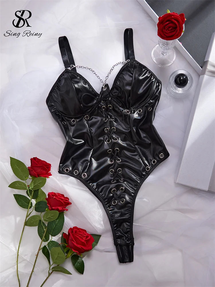 0025 SINGREINY Porno Underwear Camis Leather Bodysuits Chain Spliced Bandage Sheath Rompers Fashion PU Backless Erotic Sexy Playsuits