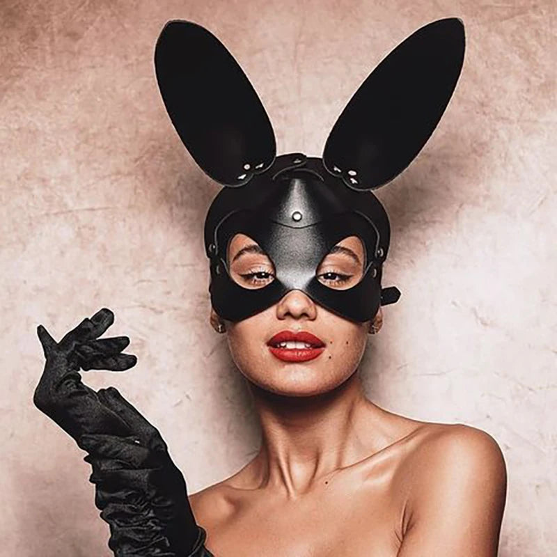 Sexy Leather Mask BDSM Bondage Half Face Fancy Masks Sex Toys For Women Men Fetish Punk Goth Cosplay Games Halloween Bunny Mask