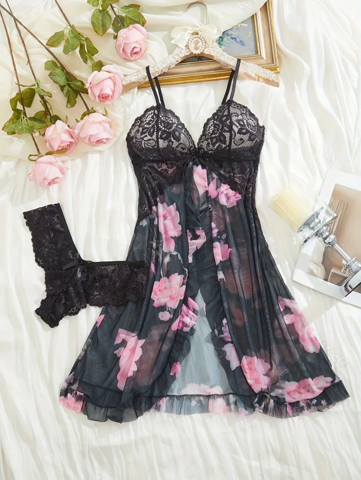 0021 Contrast Lace Ruffle Trim Lingerie Set, Deep V Slip Dress & Thong, Women's Sexy Lingerie & Underwear