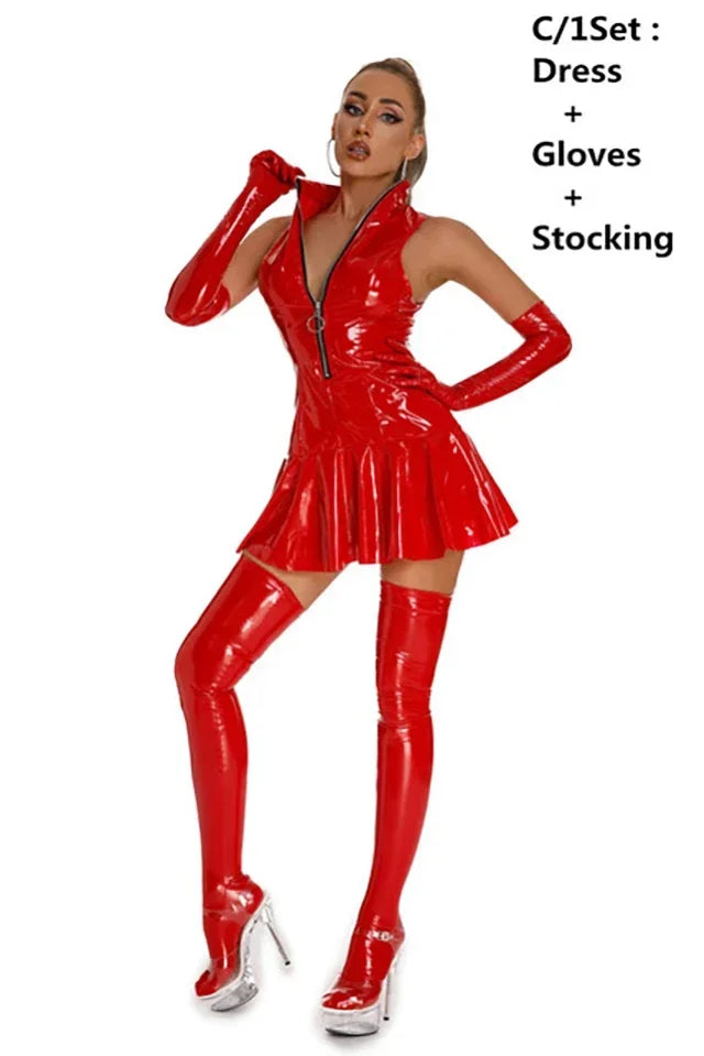0025 Women's Leather Dress Plus Size Women Sexy Shiny PVC Latex Mini Skirt With Gloves And Stocking Pole Dance Pleated Latex Dress