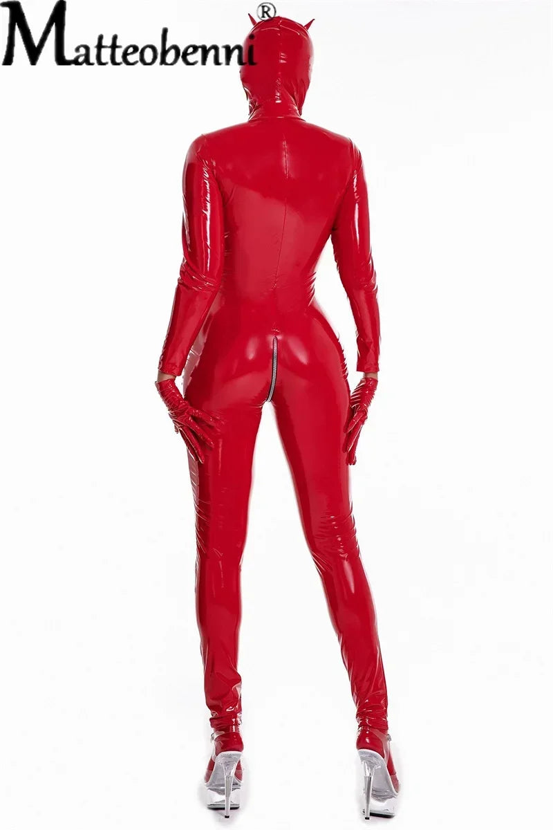 0015 2024 New Women Sexy Wetlook Latex Catsuit with Mask PVC Faux Leather Jumpsuit Lady Erotic Costume PU Lingerie Bodysuit Clubwear