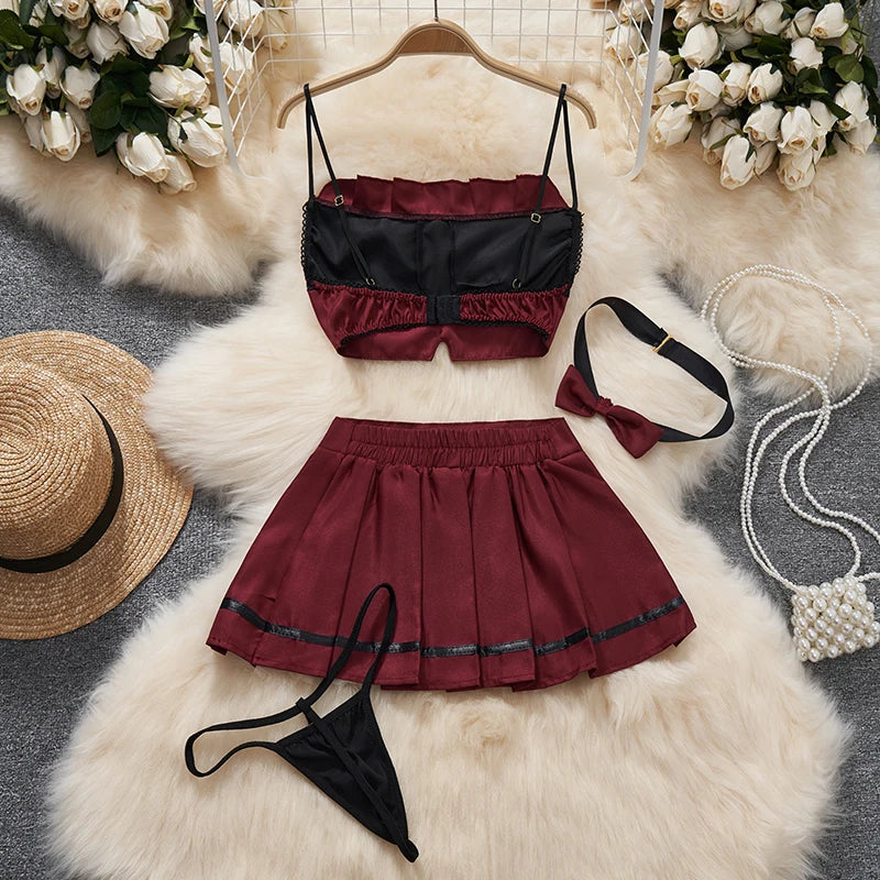 0021 Bow Sleeveless Camisole Crop Top Lingerie 2-piece Set Pleated Skirt Hotsweet Cosplay Suits Clothing Y2K Sexy Towys Costume Women