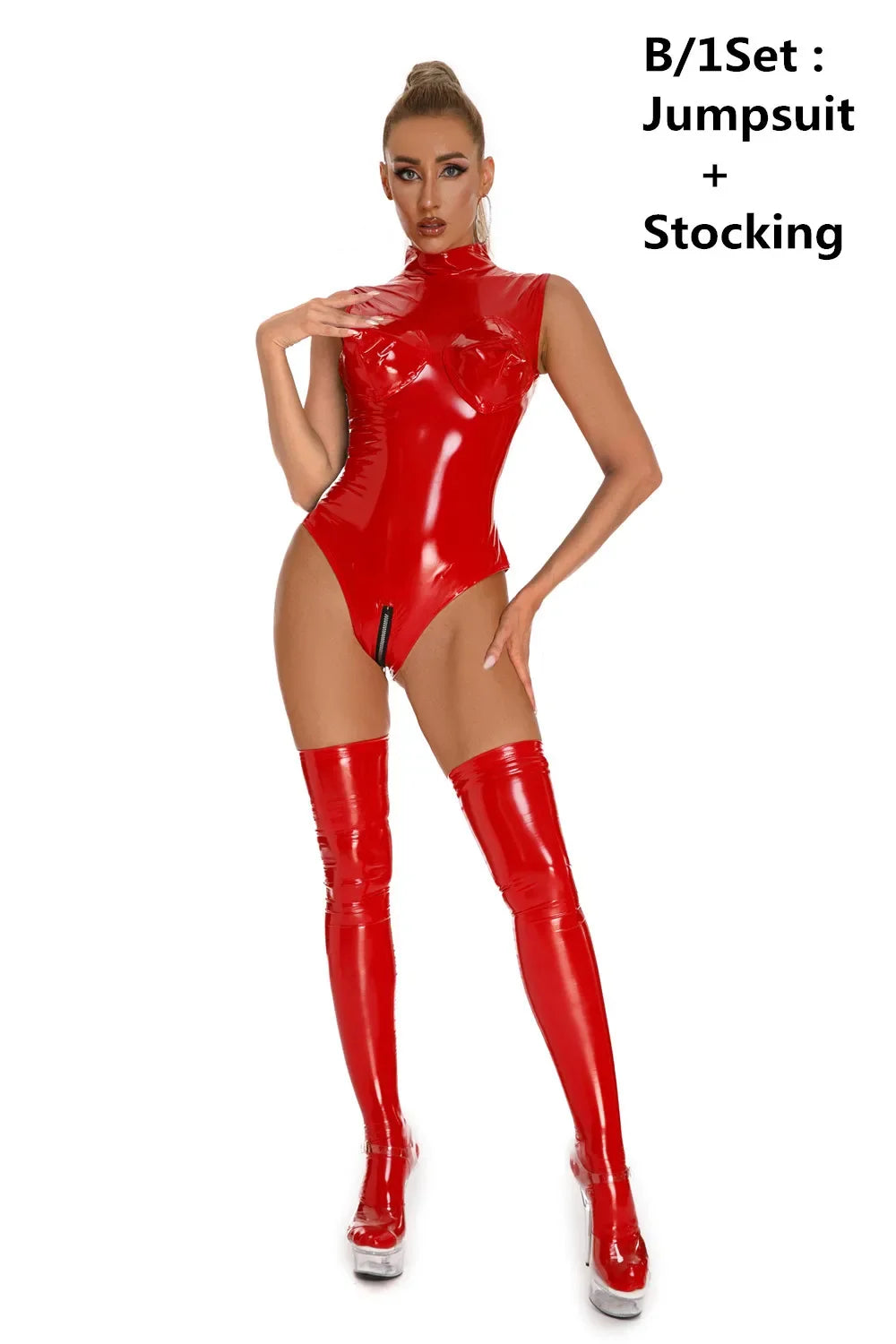 0005 Sexy Wetlook Faux Leather Catsuit PVC Latex Bodysuit Zipper Open Crotch Clubwear Fetish Hot Erotic Pole Dance Lingerie Set