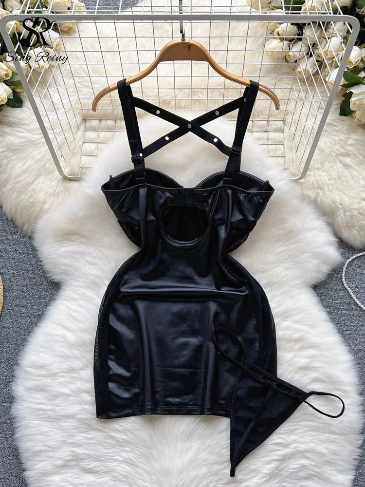 0025 SINGREINY Party Camis Women Sexy Pajamas Dress Hollow Out Backless Bodycon Night Dress Streetwear Club Leather Erotic Nightwear
